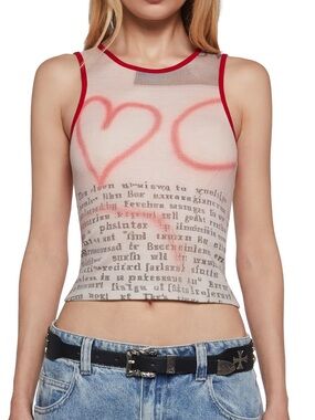 Graphic Heart Print Tank Top - Red